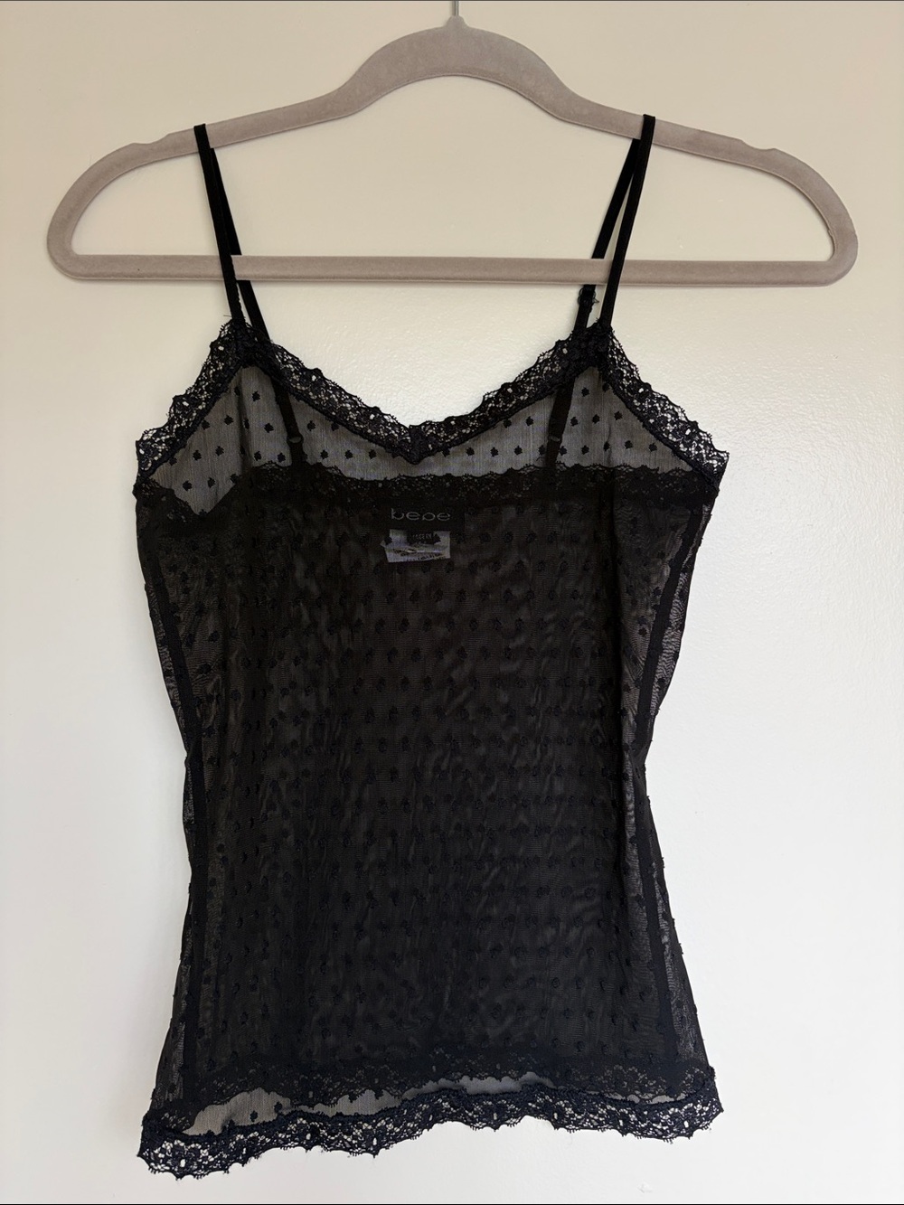 BEBE •  Vintage Black Polka Dot Sheer Lace Trim Cami M